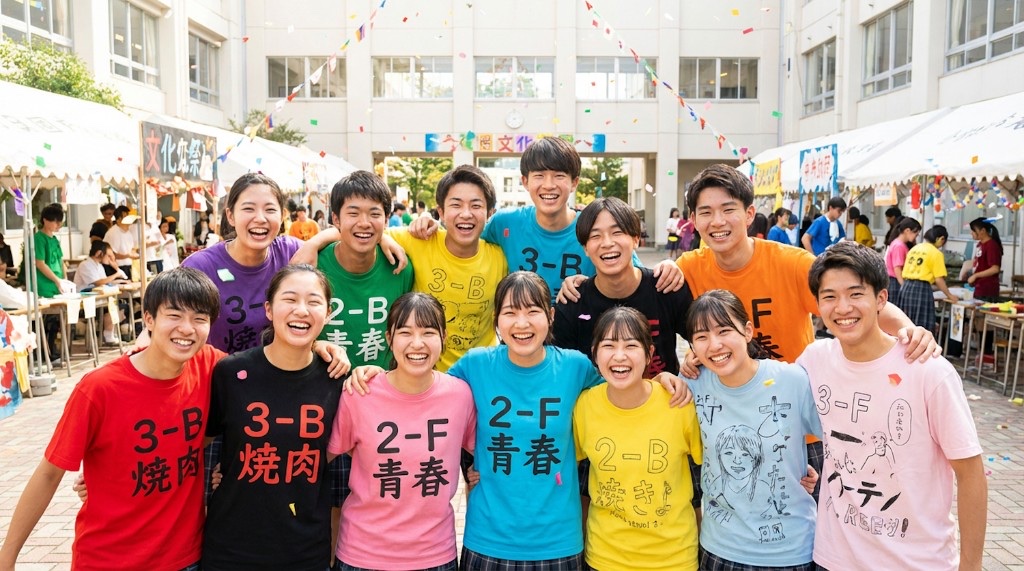 文化祭でカラフルなクラスTシャツを着た学生たちが笑顔で肩を組んで集合写真を撮っているにぎやかな風景