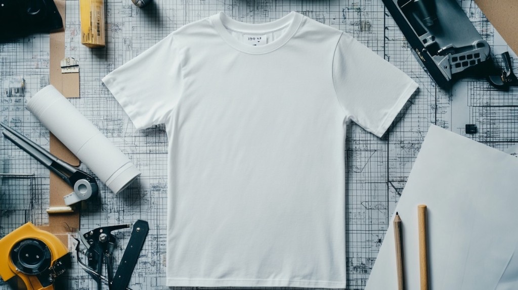 白い無地のTシャツを設計図や道具とともに写した写真。オリジナルプリントのキャンバスとして、デザイン制作の準備が整ったイメージ。