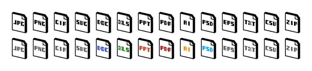 JPG、PNG、PDF、AI、PSDなど入稿で使うファイル形式のアイコン。デザインデータの形式と解像度・カラーモードの確認がイメージできる。