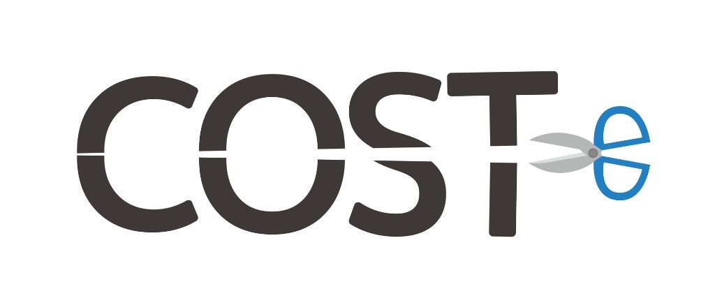 はさみでCOSTのTを切るビジュアルでコスト削減のイメージを表現した図。予算を抑える工夫を伝える