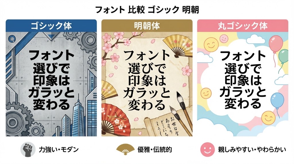 ゴシック体・明朝体・丸ゴシック体で「フォント選びで印象はガラッと変わる」と表示し、力強い・優雅・親しみやすいの違いを比較したインフォグラフィック