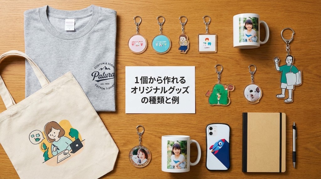 Tシャツ、トート、キーホルダー、マグなど1個から作れるオリジナルグッズのフラットレイ。単品制作の種類の豊富さが伝わる。