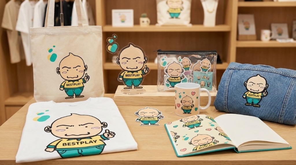 Tシャツ、トートバッグ、アクリルスタンド、マグ、ノートなどさまざまな種類のオリジナルグッズが並んだ様子。1個から作れるアイテムの幅の広さが伝わる。