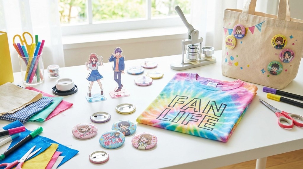 アクスタや缶バッジ、タイダイTシャツ、デコ入りトートバッグなど推し活グッズの材料と完成品が並んだ制作スペースの写真