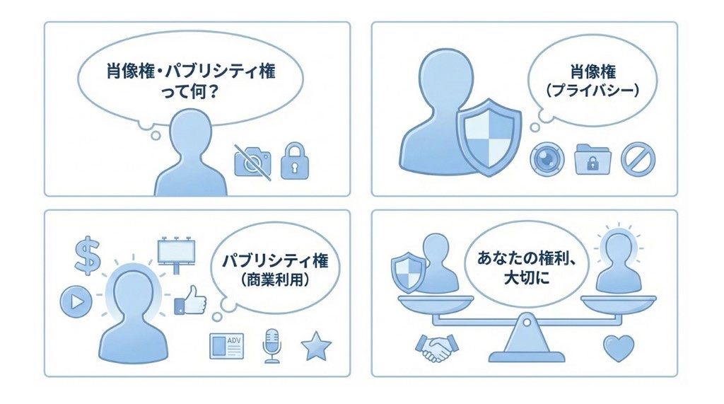 肖像権とパブリシティ権の違いを、プライバシー保護と商業利用の観点から4コマで説明したインフォグラフィック