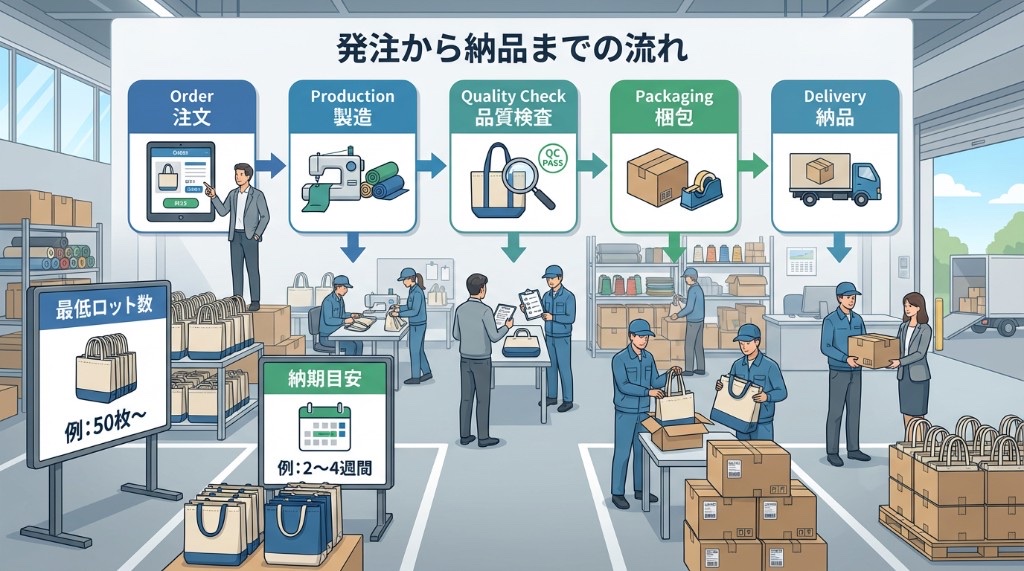 発注から納品までの流れ（注文・製造・品質検査・梱包・納品）と最低ロット・納期目安を示した工場の図解。オリジナルトート制作プロセスのイメージ