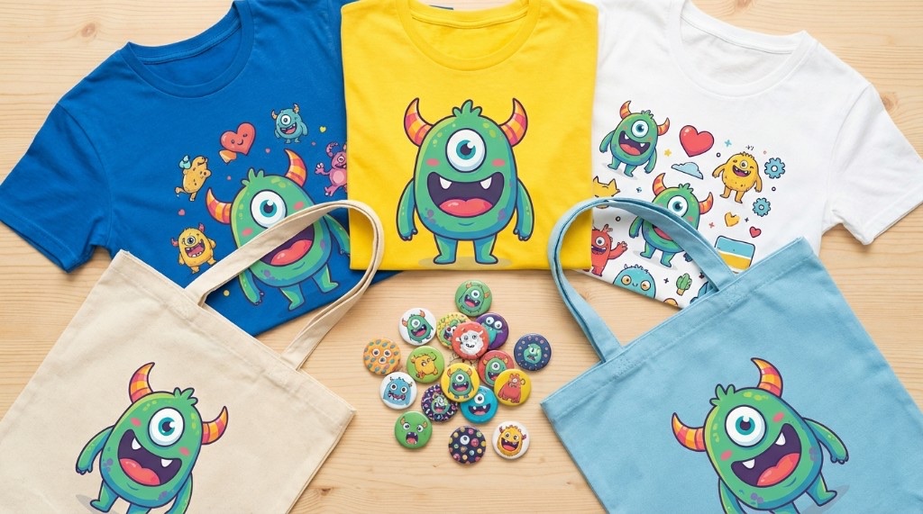 カラフルなキャラクターをプリントしたTシャツ・トートバッグ・缶バッジが並ぶオリジナルグッズセット。オリジナルグッズ制作の費用はボディ代・プリント代・デザイン費の3要素で構成される