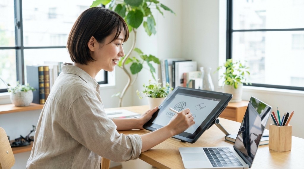 タブレットペンでロゴデザインを制作する女性デザイナー。笑顔で作業する明るいオフィス環境。オリジナルグッズのデザイン費相場はシンプルなロゴで5,000〜30,000円が目安