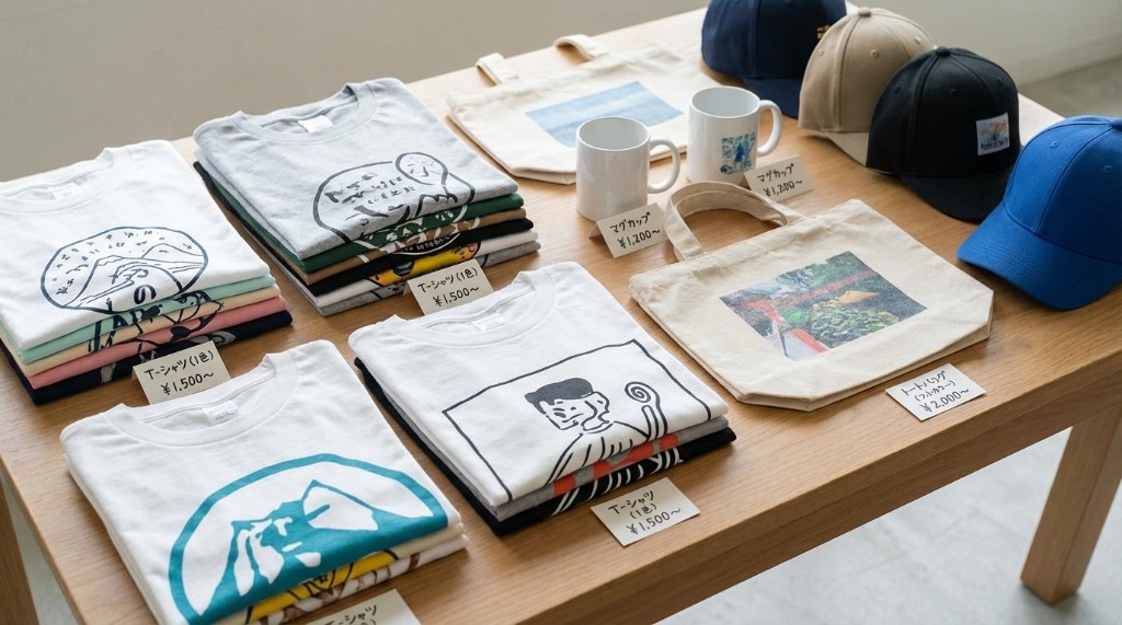 テーブルにTシャツ・マグカップ・トートバッグ・キャップなど価格タグ付きのオリジナルグッズが並ぶディスプレイ。アイテムごとに制作費用が異なることを示す