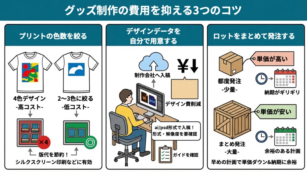 グッズ制作の費用を抑える3つのコツのインフォグラフィック。コツ1: プリントの色数を絞って版代を節約、コツ2: ai・psd形式でデザインデータを自前入稿してデザイン費削減、コツ3: まとめ発注で単価ダウンと納期に余裕