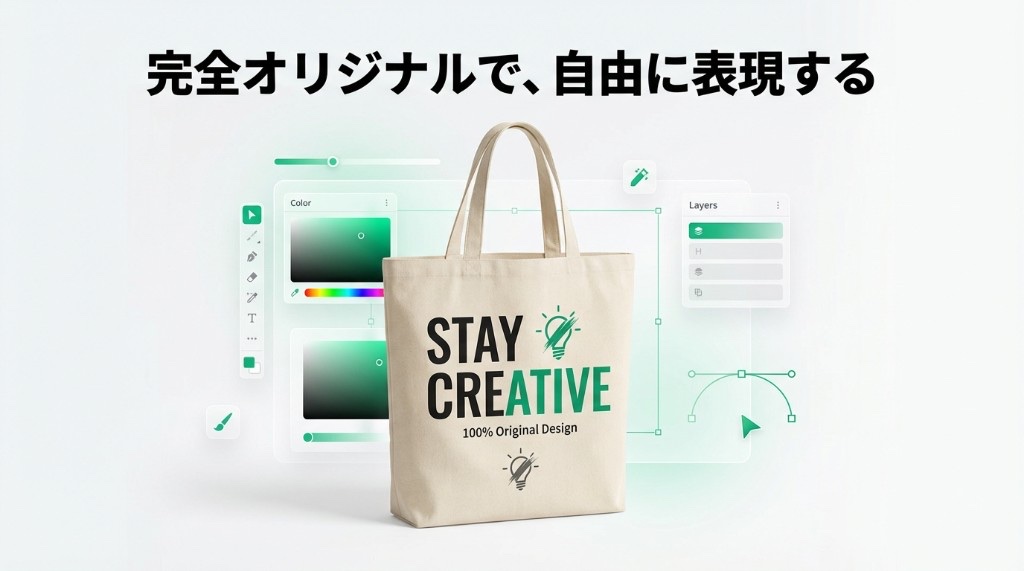 「完全オリジナルで、自由に表現する」と謳ったオリジナルグッズ制作イメージ。キャンバストートにSTAY CREATIVEのロゴと電球マーク、周囲に配色パネルやレイヤーなどデザインツールUIが配置され、著作権を気にせず自前デザインでグッズ化する楽しさを伝えるビジュアル