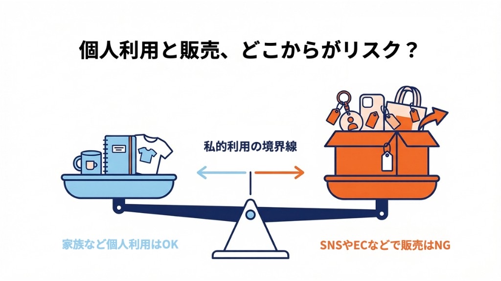 天秤で私的利用と販売の境界を示す図解。家族など個人利用は水色側のマグ・ノート・Tシャツ、SNSやECでの販売はオレンジ側の価格タグ付きグッズとして表現され、オリジナルグッズ制作におけるリスクの違いが一目で分かる