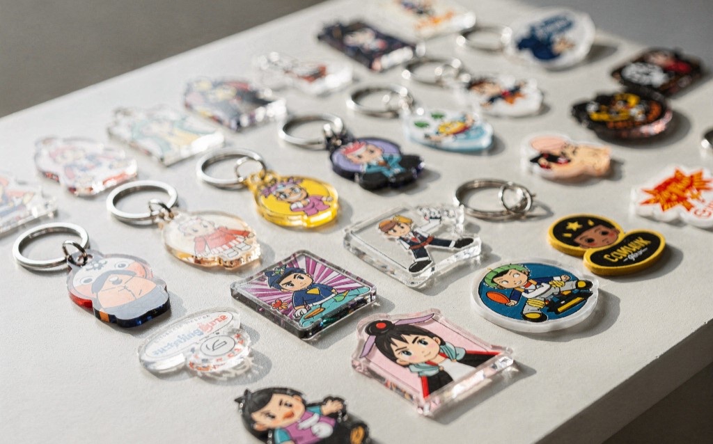 テーブルの上に並んだ多種多様なオリジナルアクリルキーホルダー。イラスト入りのアクキーや缶バッジなど1個から作れる小ロットグッズが豊富に揃う