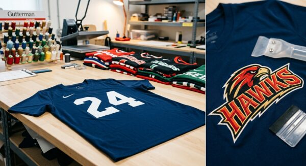 作業台に置かれた背番号入りのユニフォームと、HAWKSのロゴがプリントされたシャツの接写。