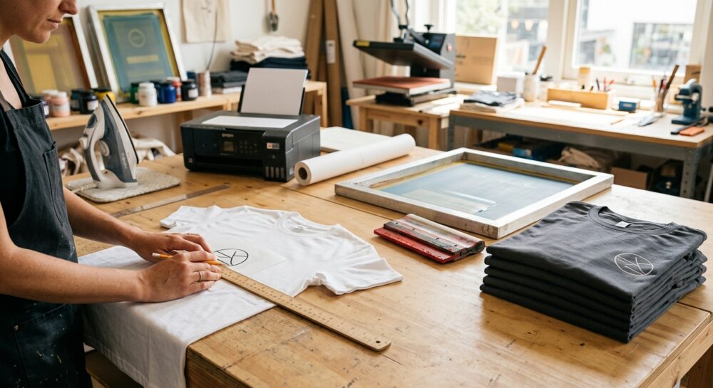 工房でエプロン姿の人が定規を使い、白いTシャツのデザイン位置を調整している。周囲にはシルクスクリーンの道具や印刷機がある。