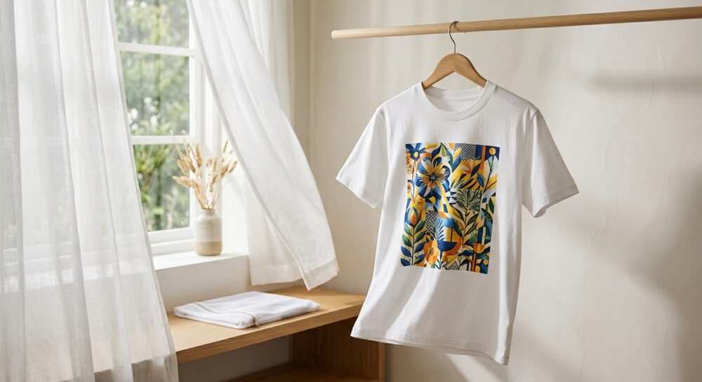 青や黄色、オレンジの抽象的な花柄がプリントされた白いTシャツ。